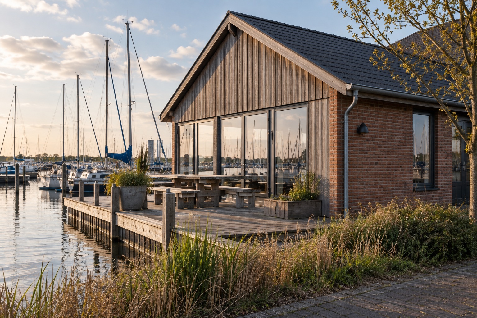Clubgebouw aan een jachthaven met houten gevelbekleding, een pannendak en een terras