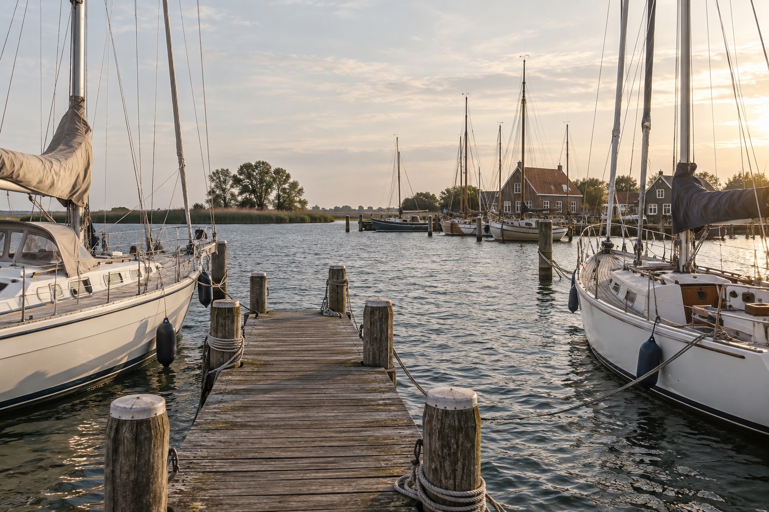 Zeilboten langs een houten aanlegsteiger